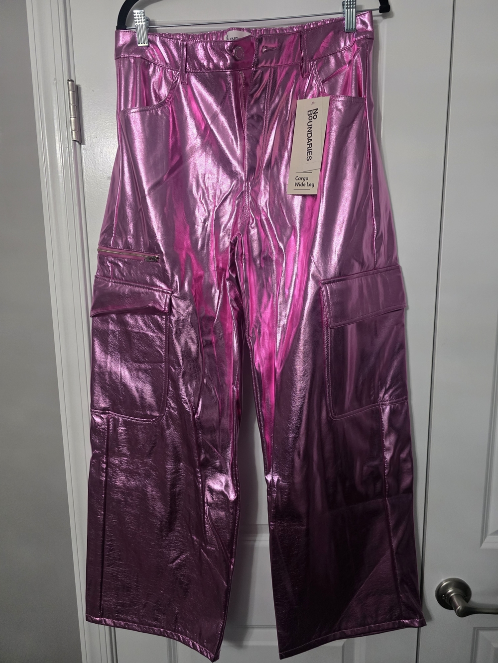 No Boundaries Women's Metallic Pink Cargo Wide Leg Pants